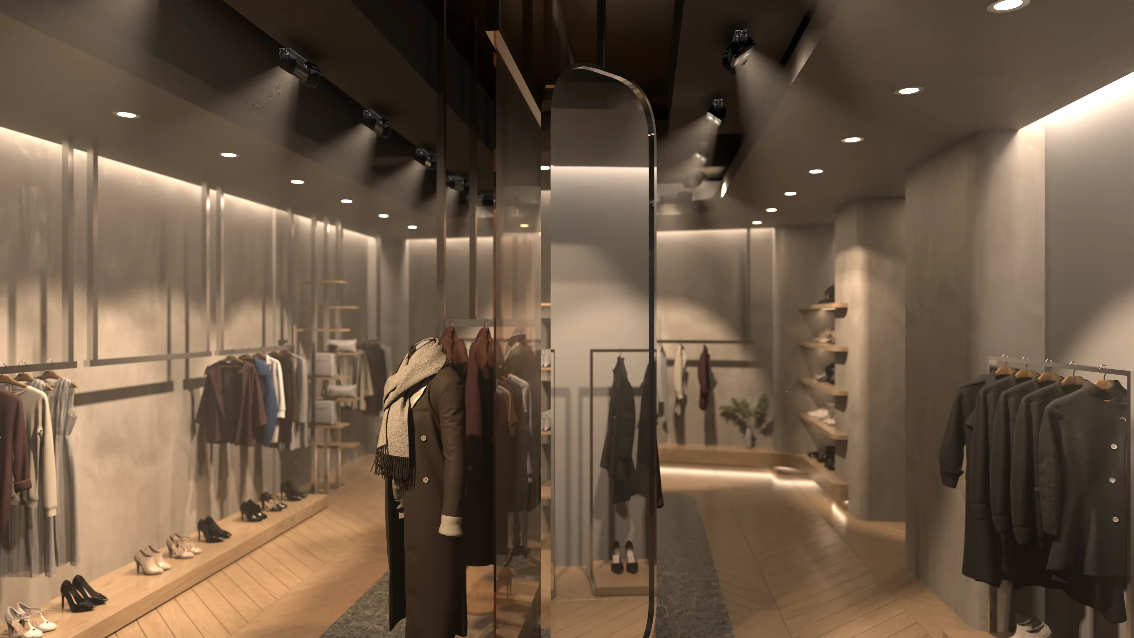 Etheria luminaires illuminating a warm contemporary fashion boutique